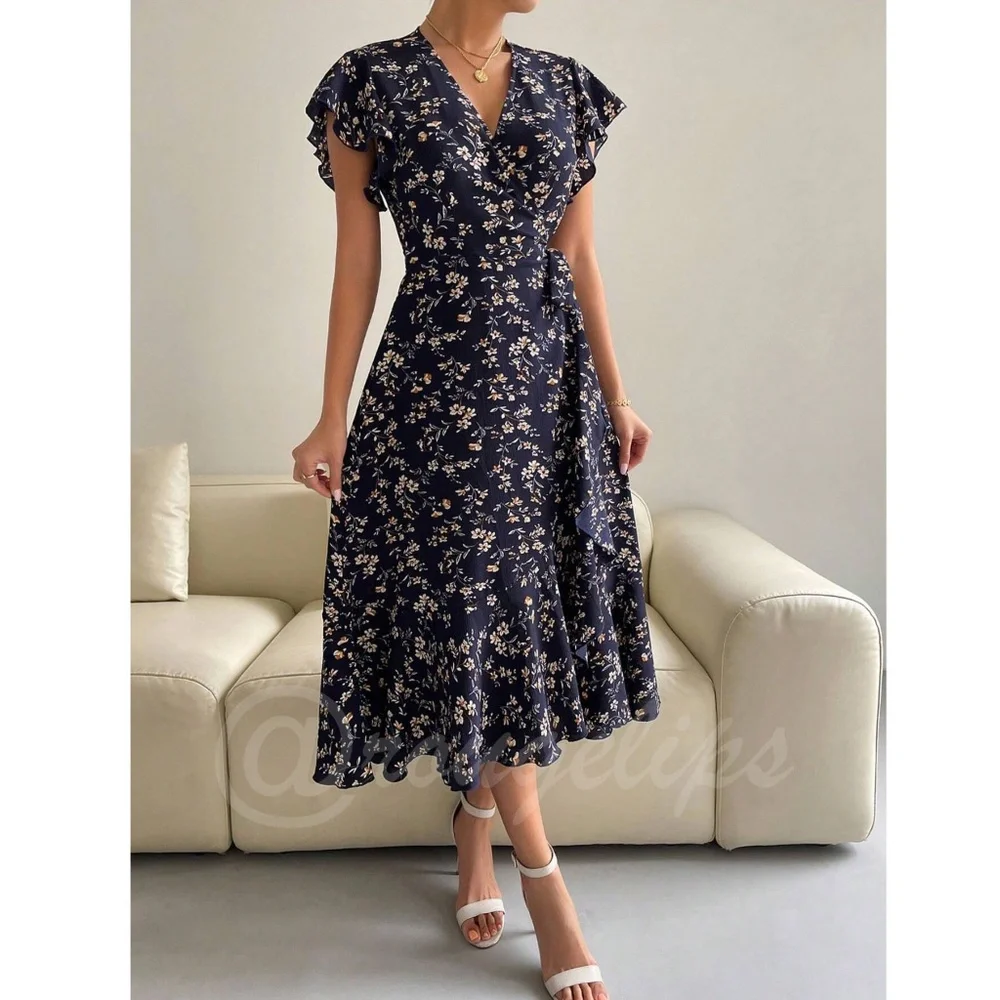 Boho Navy Blue Floral V neck Ruffle Hem Midi Length, A Line Wrap Style - Picture 3 of 10